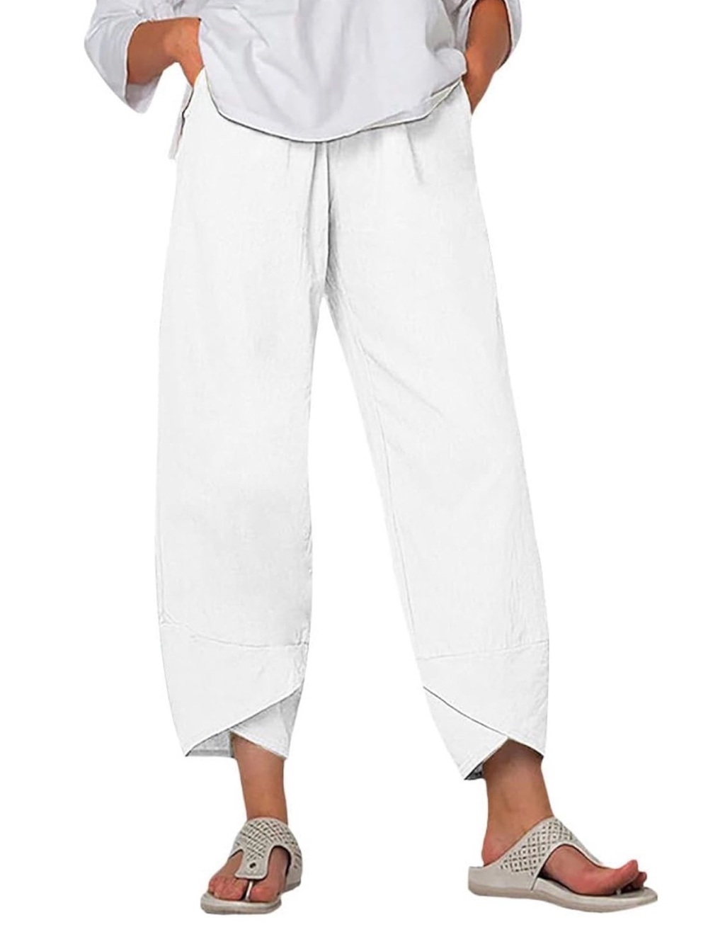 Relaxed White Cropped Tulip-Hem Pants